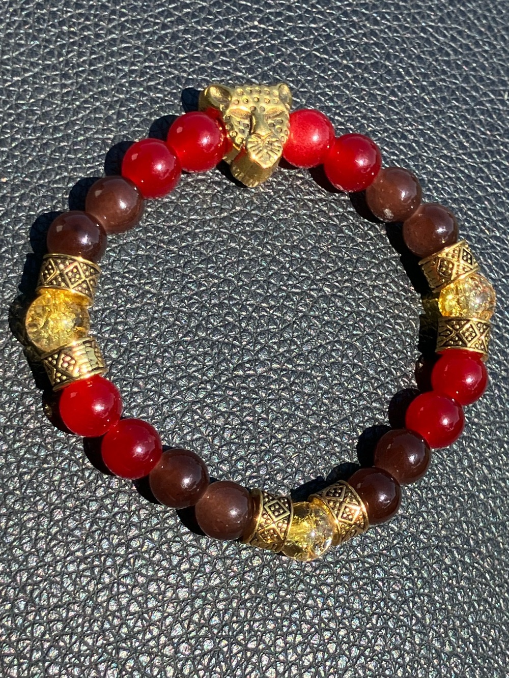Red and brown with gold cheetah accent beaded bracelet